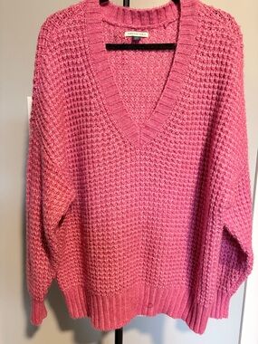 American Eagle Outfitters Bubblegum Pink V-Neck Waffle Knit Sweater